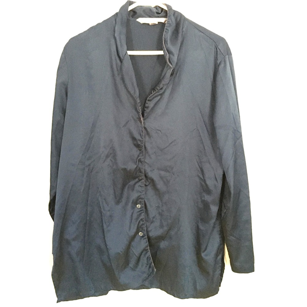 Victoria's Secret Top Womens L‎ Navy Blue Satin Button Front Blouse Sleepwear